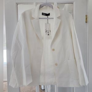 ZARA Straight Cut Tailored Blazer Jacket with Pockets Size Small White/Ecru
